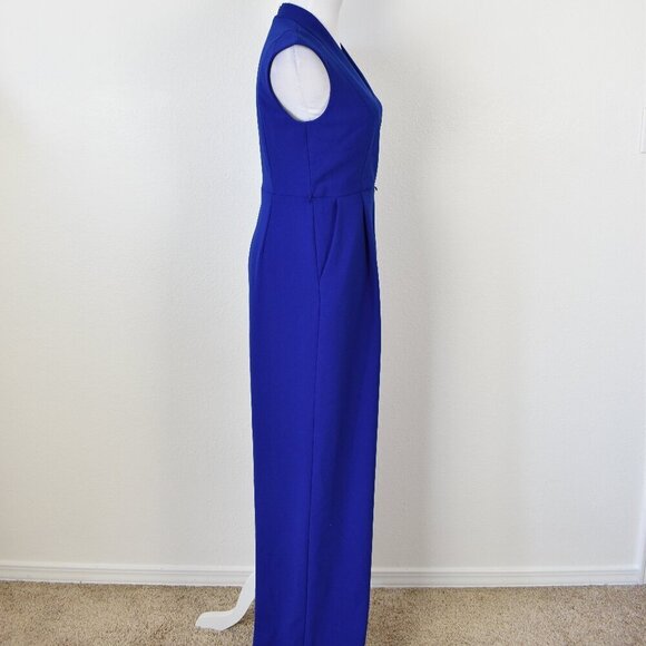 Calvin Klein V-Neck Faux Wrap Wide Leg Jumpsuit Royal Blue - 4 - Picture 8 of 9